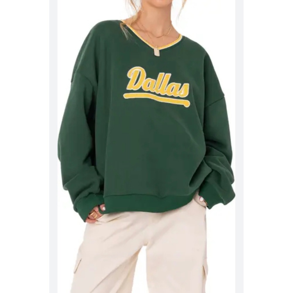 Edikted‎ Dallas Graphic Oversized V-Neck Sweatshirt Green Yellow Small